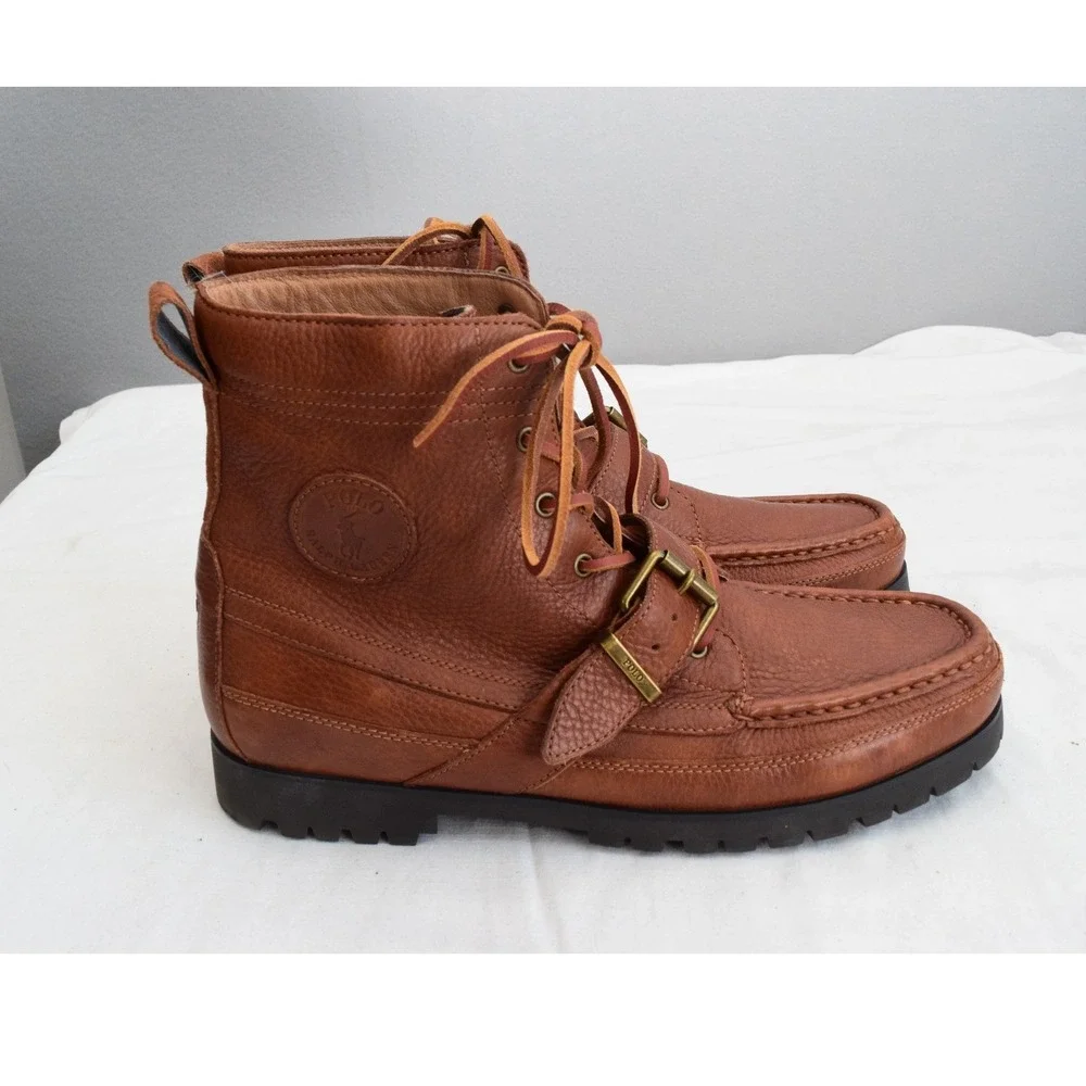 Polo Ralph Lauren Ranger Boots 12 Brown Leather Buckle Moc Toe Mens Preppy